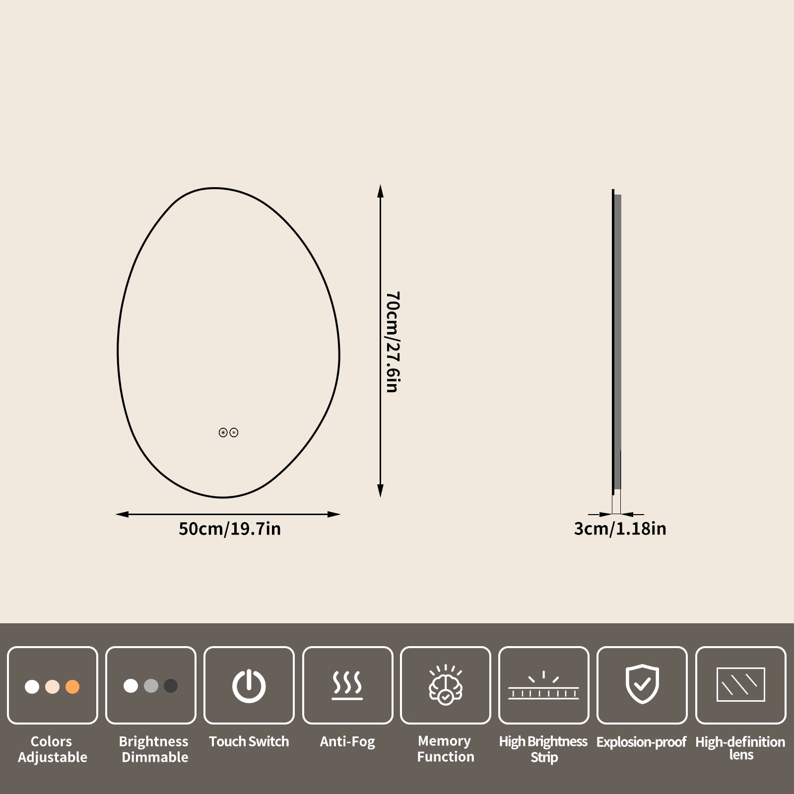 Yishare Egg-Shaped Backlit Defogging Explosion-Proof Bathroom Mirror