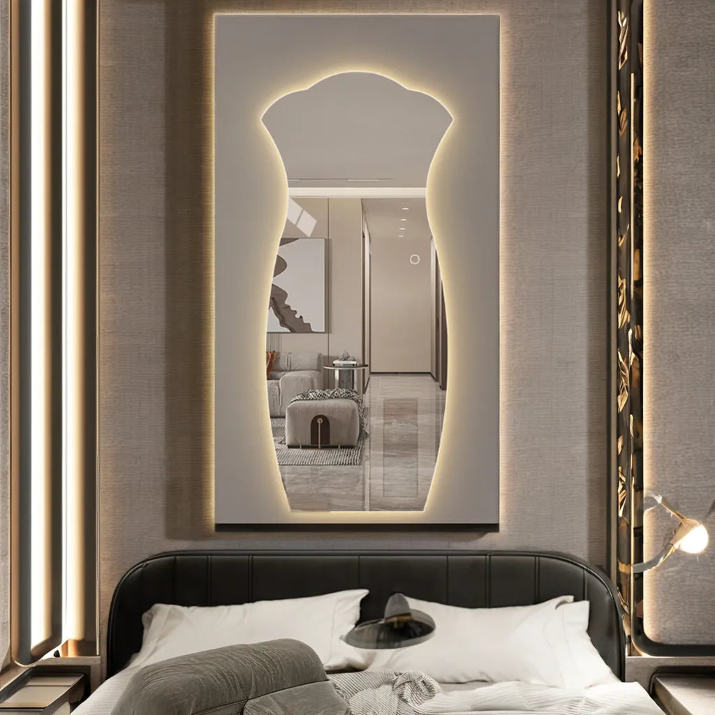 Modern Art Shaped Full-Length LED Dressing Wall Mirror Wave Design Glass Material for Bedroom Vanity for Home Hotel Decorative