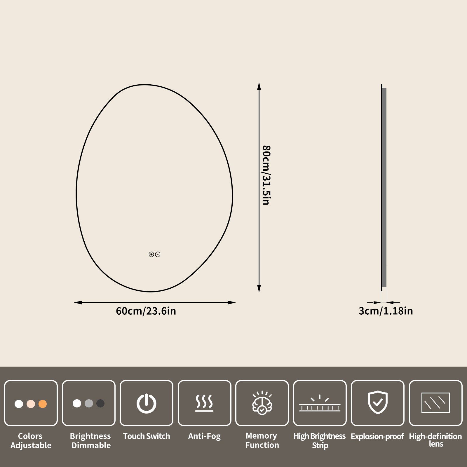 Yishare Egg-Shaped Backlit Defogging Explosion-Proof Bathroom Mirror
