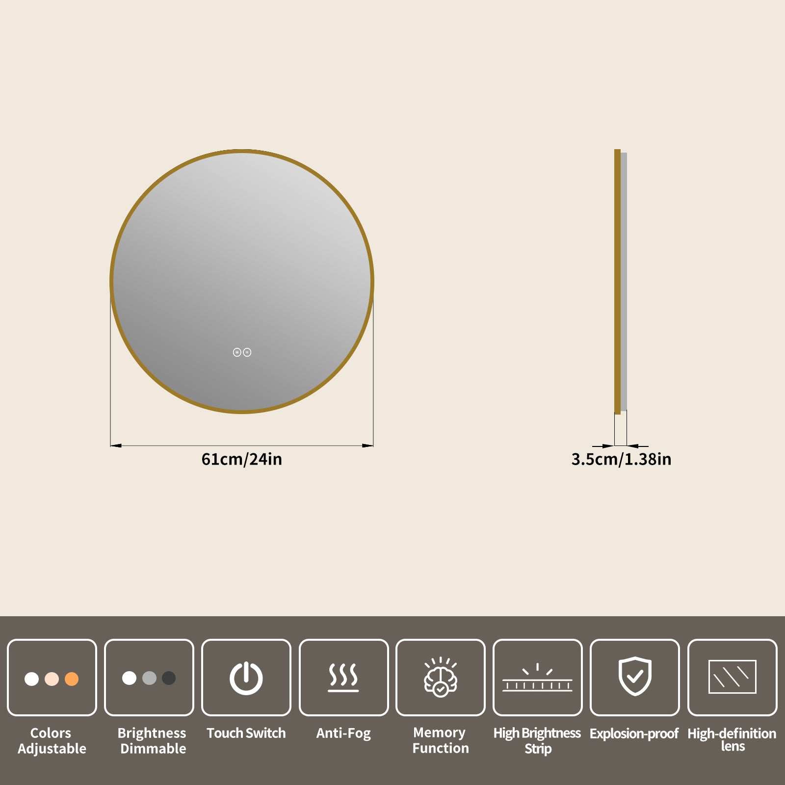 Yishare Round LED Framed Explosion-Proof Anti-Fog Bathroom Mirror