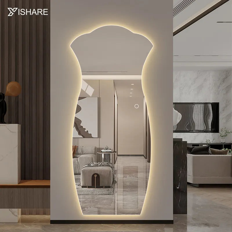Modern Art Shaped Full-Length LED Dressing Wall Mirror Wave Design Glass Material for Bedroom Vanity for Home Hotel Decorative