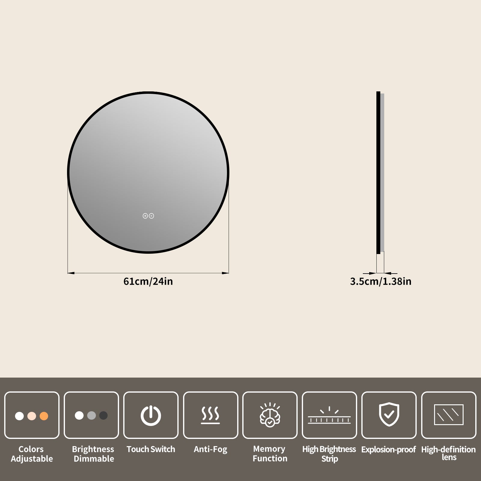 Yishare Round LED Framed Explosion-Proof Anti-Fog Bathroom Mirror