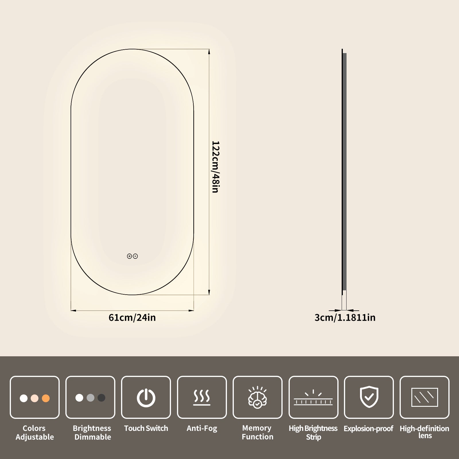 Yishare Oval LED Frameless Anti-Fog Explosion-Proof Bathroom Mirror
