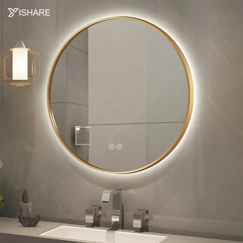 Gold Stainless Steel Framed LED Salon Mirror Modern Design Illuminated Bathroom Decorative Mirror for Hotels Graphic Design
