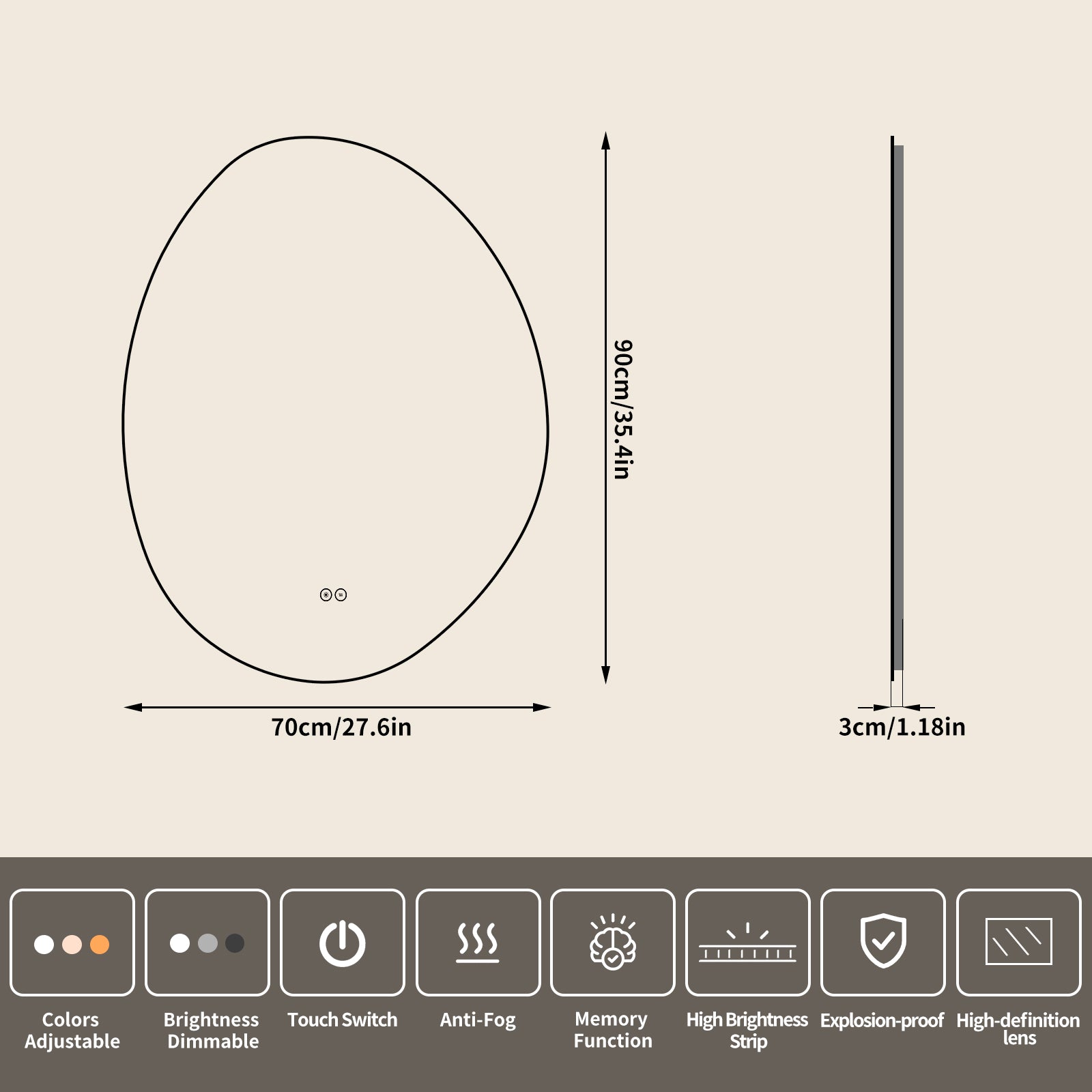 Yishare Egg-Shaped Backlit Defogging Explosion-Proof Bathroom Mirror
