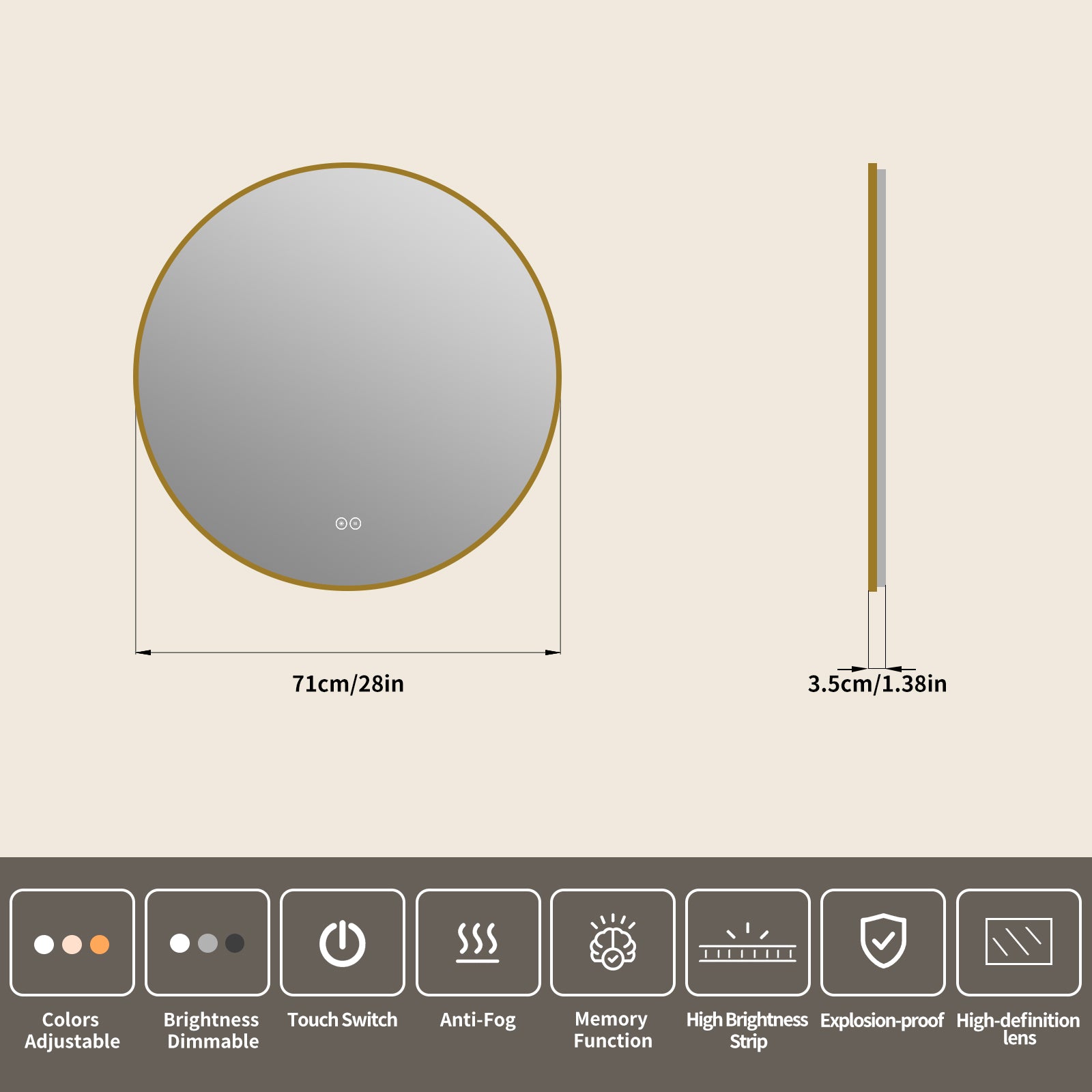 Yishare Round LED Framed Explosion-Proof Anti-Fog Bathroom Mirror