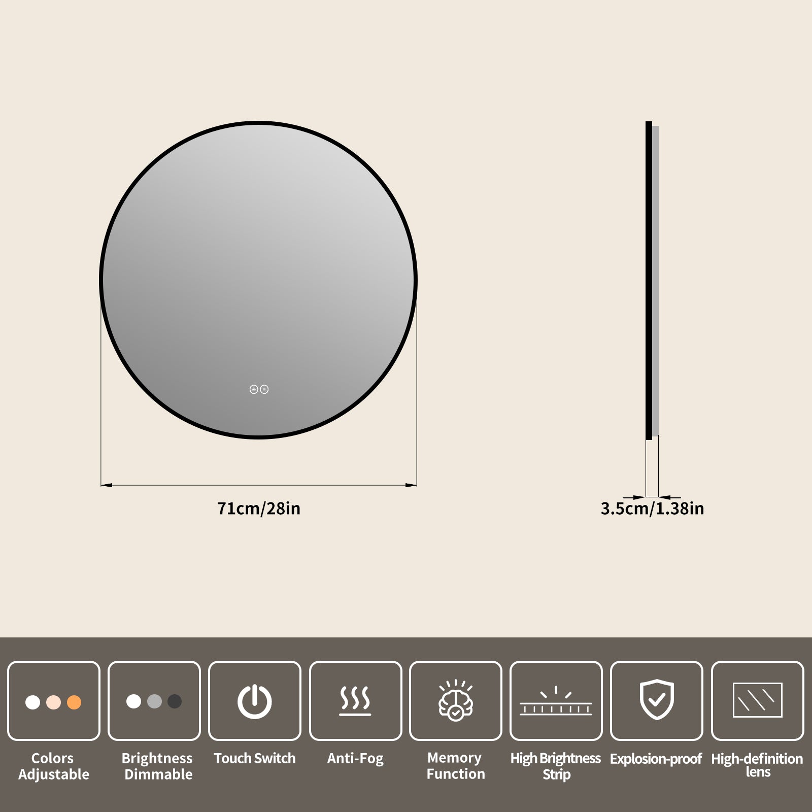 Yishare Round LED Framed Explosion-Proof Anti-Fog Bathroom Mirror