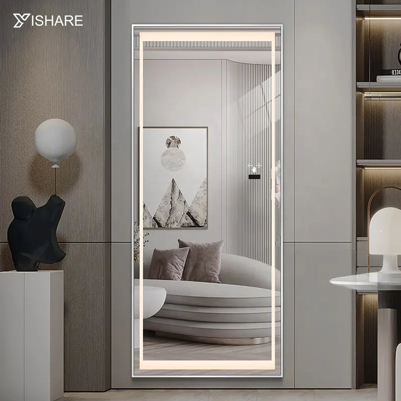 Modern Full-Body LED Illuminated Rectangle Dressing Mirror Large Floor Aluminum Alloy Frame Stand 3 Colors IP44 for Hotel Use