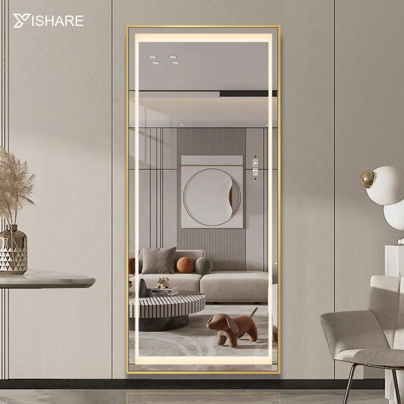 Modern Full-Body LED Illuminated Rectangle Dressing Mirror Large Floor Aluminum Alloy Frame Stand 3 Colors IP44 for Hotel Use