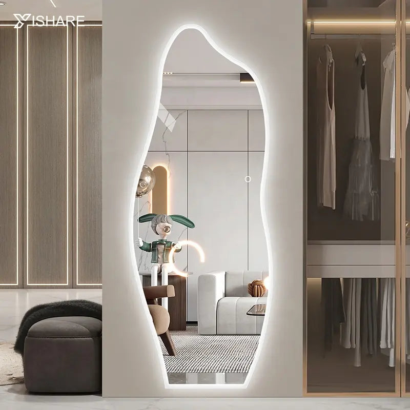 Modern Art Shaped Full-Length LED Dressing Glass Wall Wave Mirror for Bedroom Vanity Home Hotels