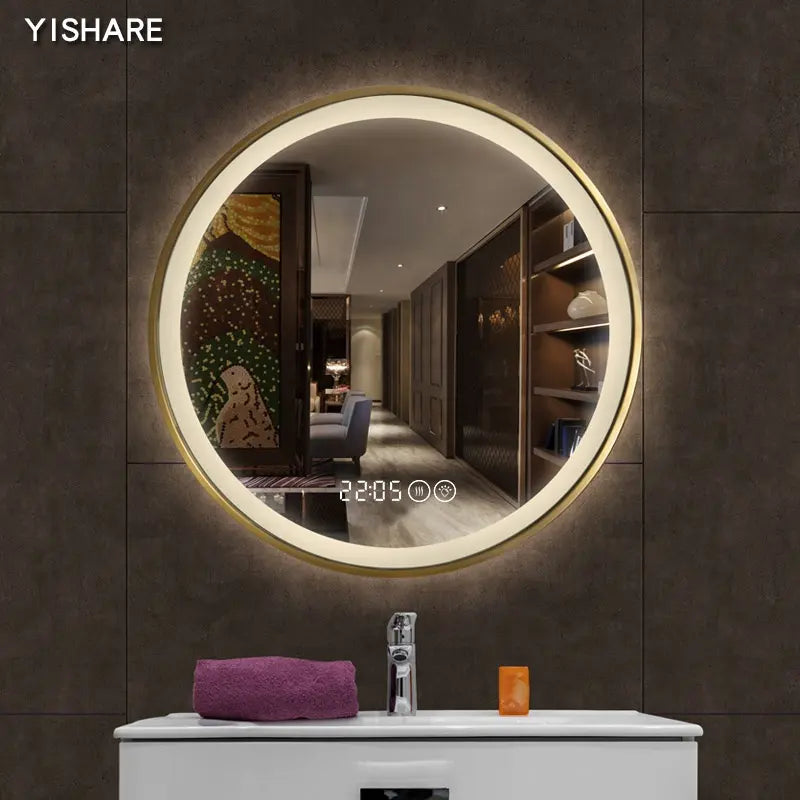 Modern Circle Wall Hanging Stainless Steel Frame Bathroom Vanity Mirrors Smart LED Illuminated for Hotel Decoration and Makeup