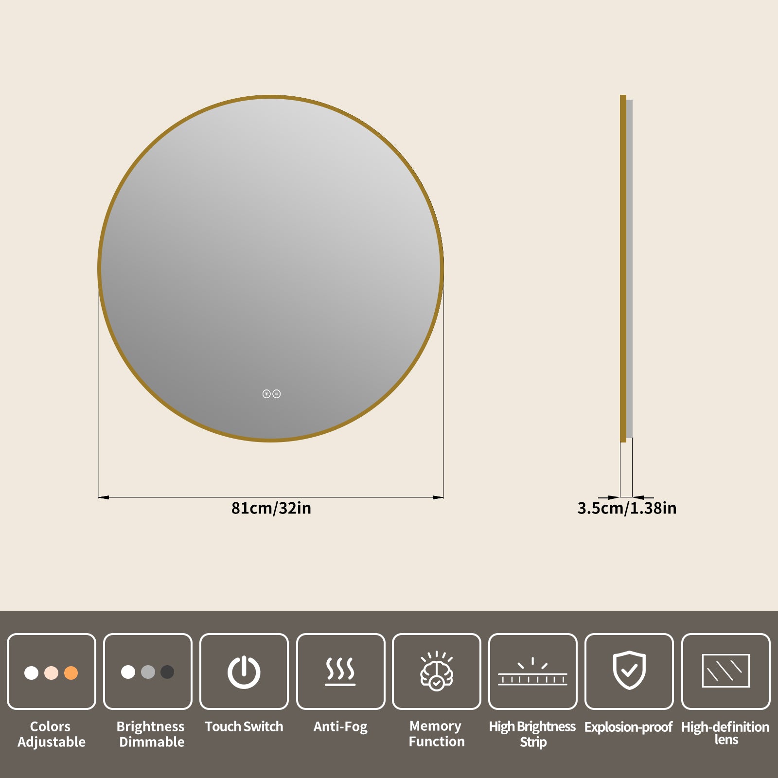 Yishare Round LED Framed Explosion-Proof Anti-Fog Bathroom Mirror