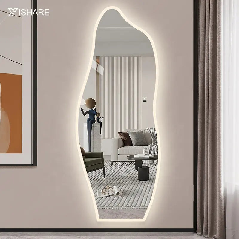 Modern Art Shaped Full-Length LED Dressing Glass Wall Wave Mirror for Bedroom Vanity Home Hotels