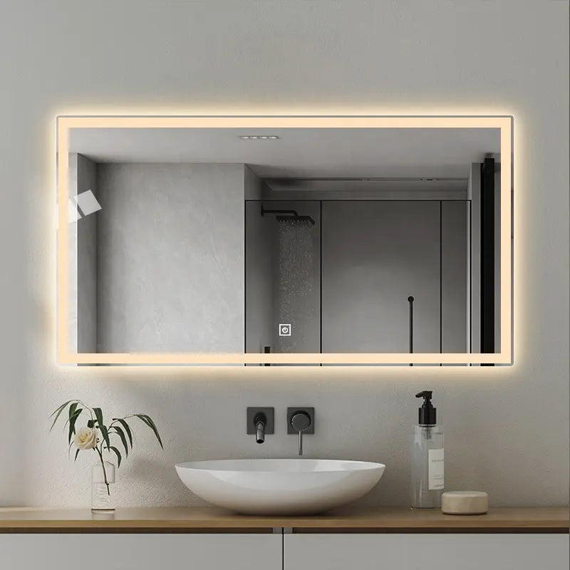 Modern LED backlit rectangular frosted glass mirror with front light for hotel or home use