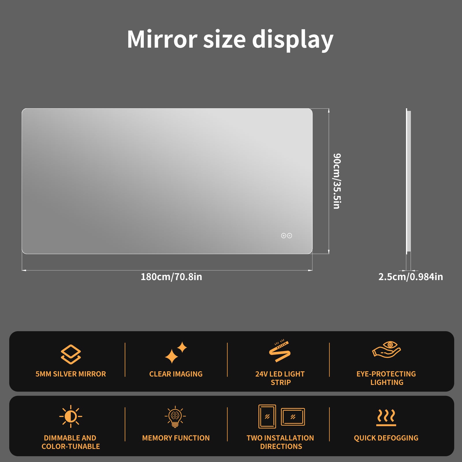 Yishare Rectangular Frameless LED Explosion - Proof and Anti - Fog Wall - Mounted Bathroom Mirror