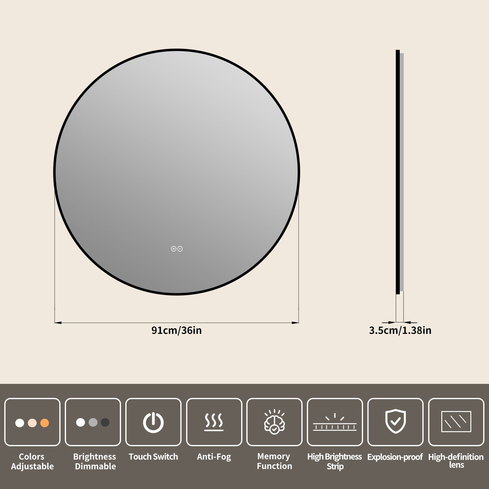 Yishare Round LED Framed Explosion-Proof Anti-Fog Bathroom Mirror