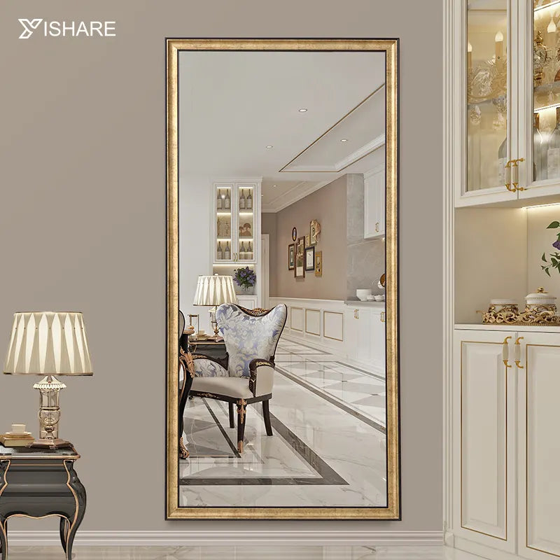 Factory Direct Antique Standing Makeup Mirrors with Full-Length Gold Frame Contemporary Design Float Glass for Home Decor