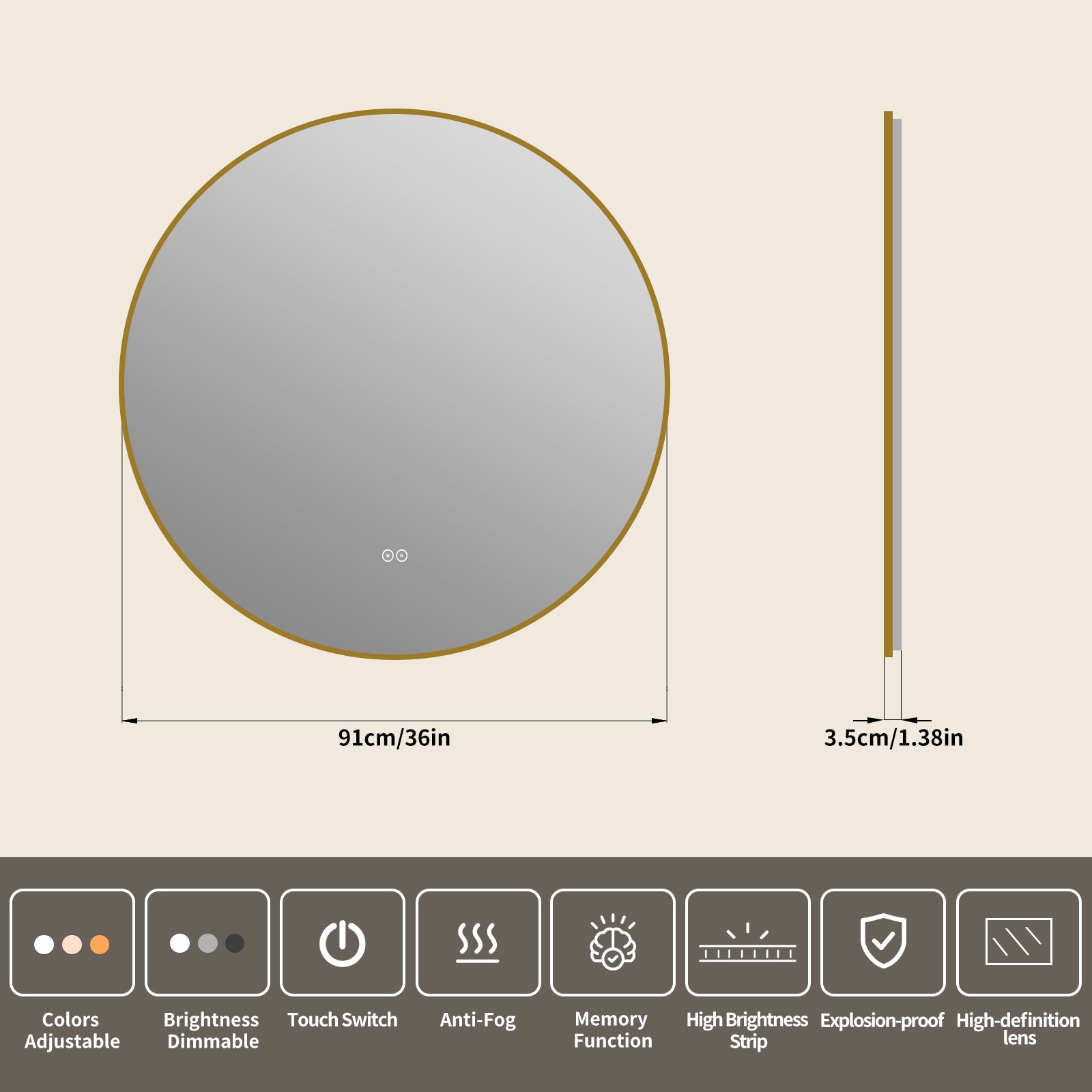 Yishare Round LED Framed Explosion-Proof Anti-Fog Bathroom Mirror