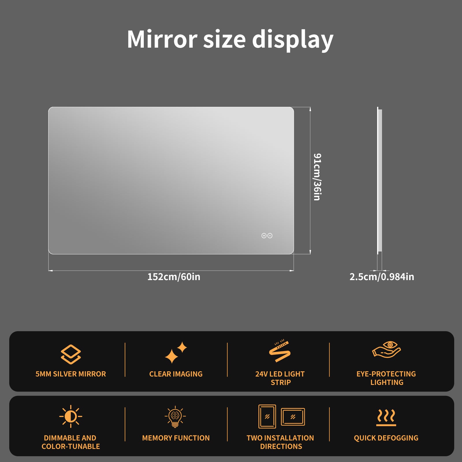 Yishare Rectangular Frameless LED Explosion - Proof and Anti - Fog Wall - Mounted Bathroom Mirror